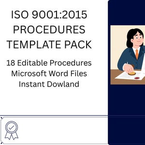 May include: A graphic with the text "ISO 9001:2015 PROCEDURES TEMPLATE PACK". It includes an illustration of a person stamping a document labeled "AUDIT". The text also mentions "18 Editable Procedures" and "Microsoft Word Files".