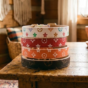 Coleira vintage com monograma para cães, coleira premium em couro PU, presente elegante para dachshunds, presente para o dia da adoção do filhote, ferragens douradas.