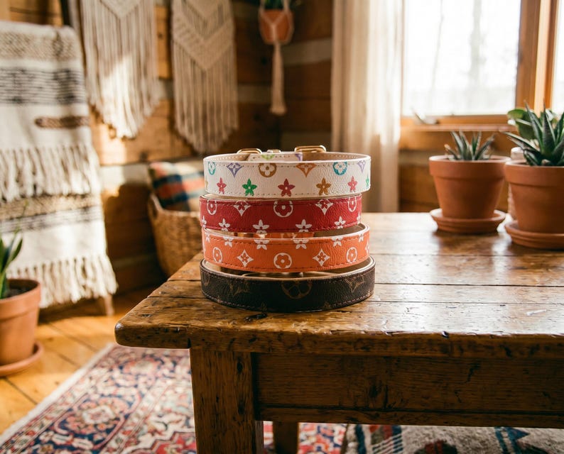 May include: A stack of four dog collars in various colors: white with colorful designs, red, orange, and brown. Each collar features a gold-colored buckle and a repeating pattern. The collars are stacked on a rustic wooden table.