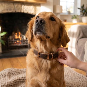 May include: A golden retriever dog wearing a brown leather collar with a gold-colored buckle. The dog is sitting on a beige rug in front of a fireplace. A person's hand is gently touching the dog's neck.
