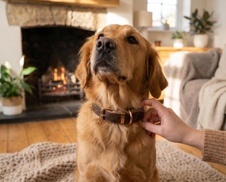 May include: A golden retriever dog wearing a brown leather collar with a gold-colored buckle. The dog is sitting on a beige rug in front of a fireplace. A person's hand is gently touching the dog's neck.