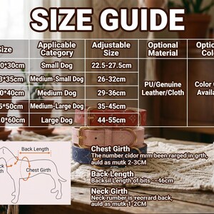 May include: A size guide for dog collars, featuring a chart with sizes ranging from XS to XL, specifying neck and chest measurements in centimeters. The guide includes a diagram illustrating how to measure a dog for a collar. The image also shows several dog collars.