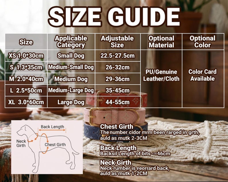 May include: A size guide for dog collars, featuring a chart with sizes ranging from XS to XL, specifying neck and chest measurements in centimeters. The guide includes a diagram illustrating how to measure a dog for a collar. The image also shows several dog collars.