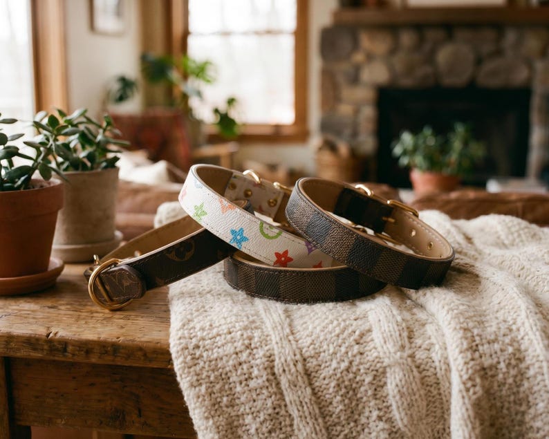 May include: Three dog collars with gold-colored hardware rest on a wooden table covered with a cream-colored blanket. One collar is white with colorful star shapes, another is brown with a repeating logo pattern, and the third is a darker brown with a checkered pattern.