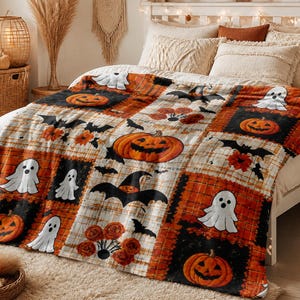 May include: A rectangular throw blanket featuring a patchwork design with alternating squares of orange and black plaid, and white and grey plaid. The pattern includes illustrations of orange jack-o'-lanterns, white ghosts, black bats, and orange roses.