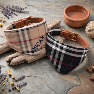 May include: Two plaid dog bandanas with leather collars and gold-tone buckles. One is tan with "OSCAR" embroidered in blue, the other is black and white with "LOLA" embroidered in blue. Accessories include a terracotta bowl, rope toy, and dog treats.