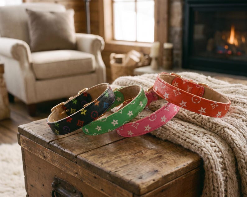 May include: Four leather dog collars in black, green, pink, and red, each with a gold buckle. The collars are patterned with repeating symbols. They are arranged on a wooden chest with a cozy blanket in the background.