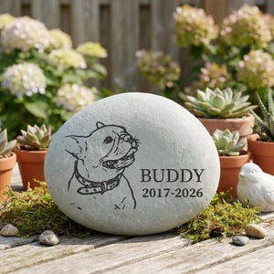 Personalized Dog Tombstone | Custom Pet Memory Stone | Outdoor Garden Cemetery Marker | Photo Engraved Pebble | Pet Loss Keepsake