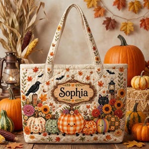 May include: A cream-colored quilted tote bag featuring a central wooden-style sign with the name Sophia. The design includes illustrations of smiling pumpkins, sunflowers, autumn leaves, a black crow, a black cat, and a lantern on a fence.