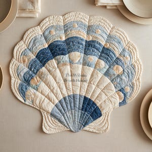 May include: A quilted placemat shaped like a large seashell, featuring a gradient of cream, light blue, and dark blue fabric panels. The center is embroidered with the text The Wilson Beach House, surrounded by small starfish and sand dollar motifs.