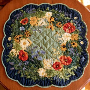 Op de afbeelding: Een ronde, doorgestikte tafelmat met geschulpte randen en een centraal saliegroen paneel met ruitstiksel, omringd door een bloemenkrans met rode klaprozen, gele zonnebloemen, witte margrieten en blauwe korenbloemen.