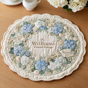 Personalized Coastal Quilted Table Topper, Round Scalloped Floral Design, Beach House Decor