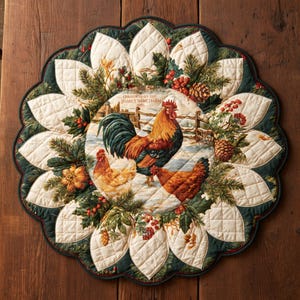 May include: A round quilted fabric mat featuring a central illustration of three chickens in a snowy farm setting with a wooden fence. The text reads CHRISTMAS ON THE [FAMILY NAME] FARM 2026. The border has cream and dark green petal shapes.