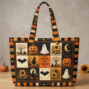 Patchwork Halloween Tote Bag, Ghost Pumpkin Sunflower Witch Market Bag