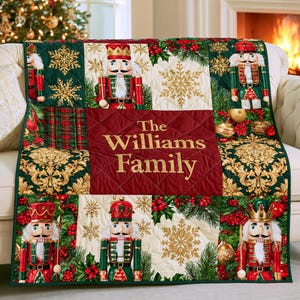 Personalized Nutcracker Christmas Quilted Blanket, Vintage Red Green Patchwork Quilt, Custom Family Name, Traditional Holiday Decor