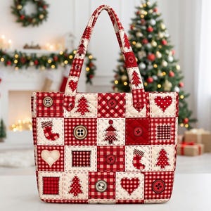 May include: A quilted tote bag featuring a patchwork design of red and white squares. The pattern includes illustrations of Christmas trees, hearts, stockings, gift boxes, and buttons arranged in a grid across the fabric surface.