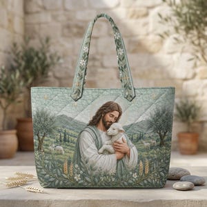 May include: A quilted tote bag featuring a printed illustration of a figure with long hair holding a small white lamb. The design includes a landscape with rolling hills, olive trees, and wheat stalks in shades of sage green and cream.
