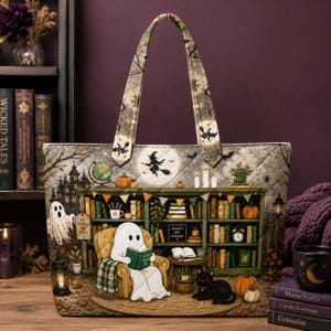 May include: A quilted tote bag featuring a printed scene of a ghost reading a book in an armchair, a black cat, bookshelves, pumpkins, and a witch flying across a full moon. The bag has two matching patterned handles and a rectangular structure.