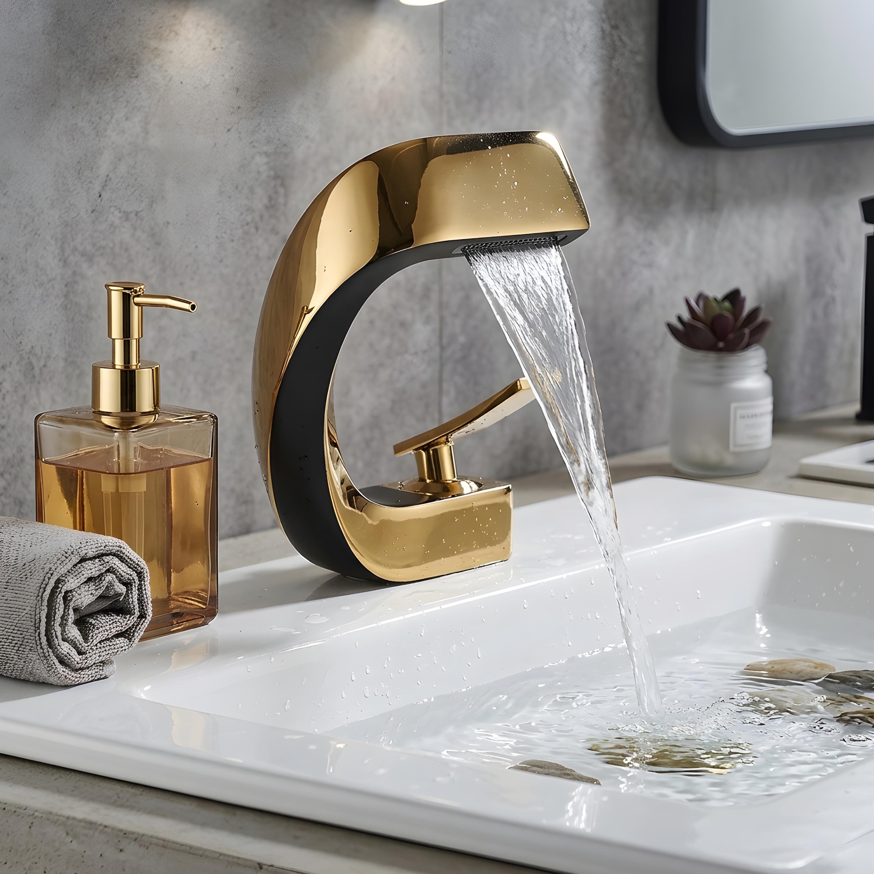 Mitigeur Lavabo Cascade Or Noir Luxe - Mitigeur De Salle De Bains Moderne Mitigeur Montage Sur Plage