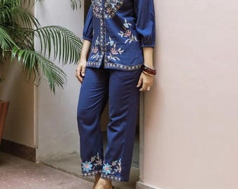 Blue Embroidered Co Ord Set for Women, Cotton Flex Shirt and Pants Set, Floral Embroidery Outfit, Casual Chic Two Piece Set