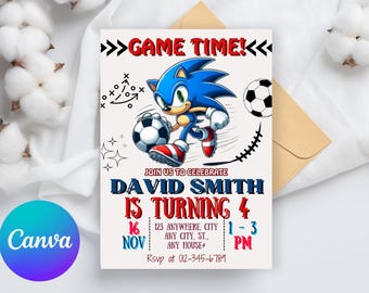 Sonic Football Einladung, Super Igel Kinder Party E-invite, Hedgehog Thunder, Geburtstags-Digital-Einladung für Jungen