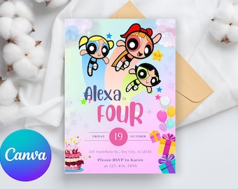 Powerpuff Girls Geburtstagseinladung bearbeitbare Vorlage, Canva Geburtstagseinladung, Digital Girl Invite, Powerpuff Girls, Kids Party Invite