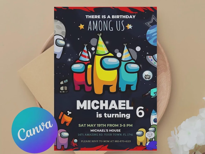 K&ouml;nnte beinhalten: Eine Geburtstagseinladung mit dem Spiel Among Us. Die Einladung hat einen dunkelblauen Hintergrund mit bunten Charakteren, die Partyh&uuml;te tragen. Der Text lautet "Michael wird 6" mit Veranstaltungsdetails.