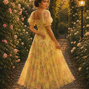 May include: A yellow midi dress featuring a square neckline, puff sleeves, and a smocked bodice. The dress is made of a sheer, layered fabric with a pink and green floral print, a tiered skirt, and a flared silhouette that falls below the knees.