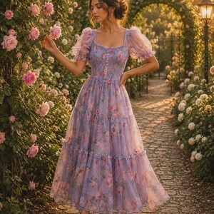 May include: A lavender midi dress featuring a square neckline, short puff sleeves, and a smocked bodice with a vertical row of buttons. The skirt is tiered with a ruffled hem, and the entire garment is covered in a pink and green floral print.