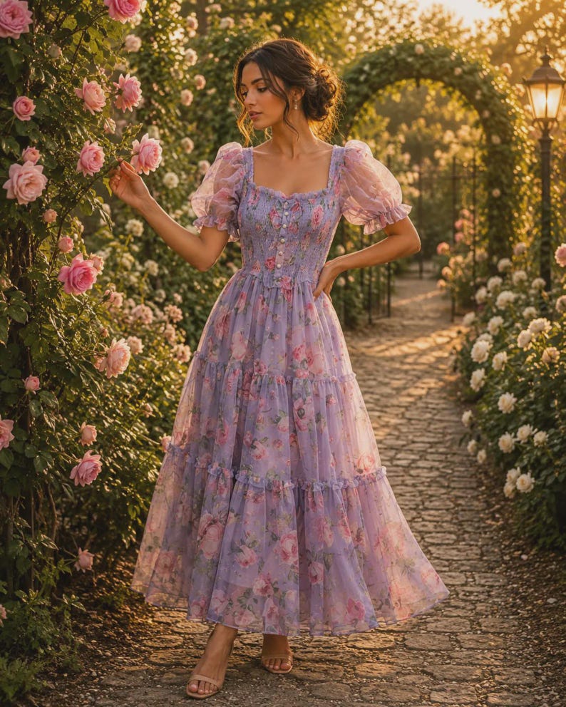 May include: A lavender midi dress featuring a square neckline, short puff sleeves, and a smocked bodice with a vertical row of buttons. The skirt is tiered with a ruffled hem, and the entire garment is covered in a pink and green floral print.