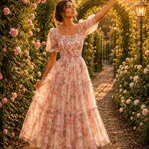 May include: A floor-length dress featuring a square neckline, short puff sleeves, and a smocked bodice. The garment is made of a sheer, light-coloured fabric adorned with a pink and green floral pattern, finished with a tiered, flowing skirt.