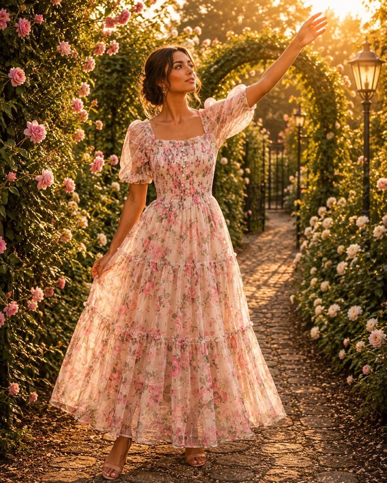 May include: A floor-length dress featuring a square neckline, short puff sleeves, and a smocked bodice. The garment is made of a sheer, light-coloured fabric adorned with a pink and green floral pattern, finished with a tiered, flowing skirt.