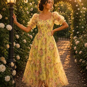 May include: A midi-length yellow dress featuring a floral pattern with pink roses, a square neckline, short puff sleeves, and a smocked bodice. The dress has a tiered skirt with a ruffled hemline and a row of small buttons down the centre front.