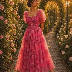 May include: A floor-length pink dress featuring a floral pattern, short puff sleeves, a square neckline, and a tiered skirt. The bodice includes a vertical row of small white buttons down the centre, and the fabric has a sheer, layered texture.