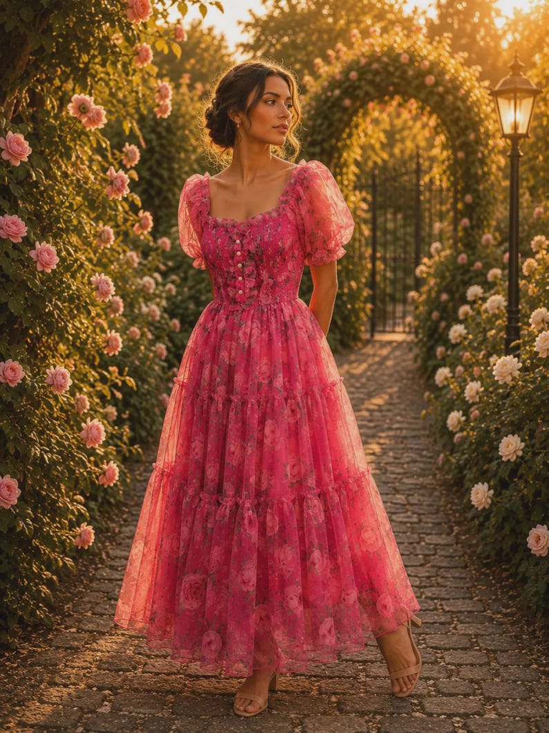May include: A floor-length pink dress featuring a floral pattern, short puff sleeves, a square neckline, and a tiered skirt. The bodice includes a vertical row of small white buttons down the centre, and the fabric has a sheer, layered texture.