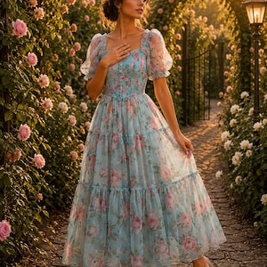 May include: A light blue midi dress featuring a sheer overlay with a pink and green floral print, a square neckline, short puff sleeves, and a smocked bodice. The skirt is tiered with gathered layers, creating a full silhouette.