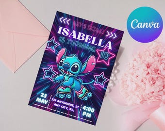 Stitch Rollschuh-Geburtstags-Party Einladung | Stitch Lilo Pastell Skate-Party Einladung | Engel Einladung Download Skate Lights