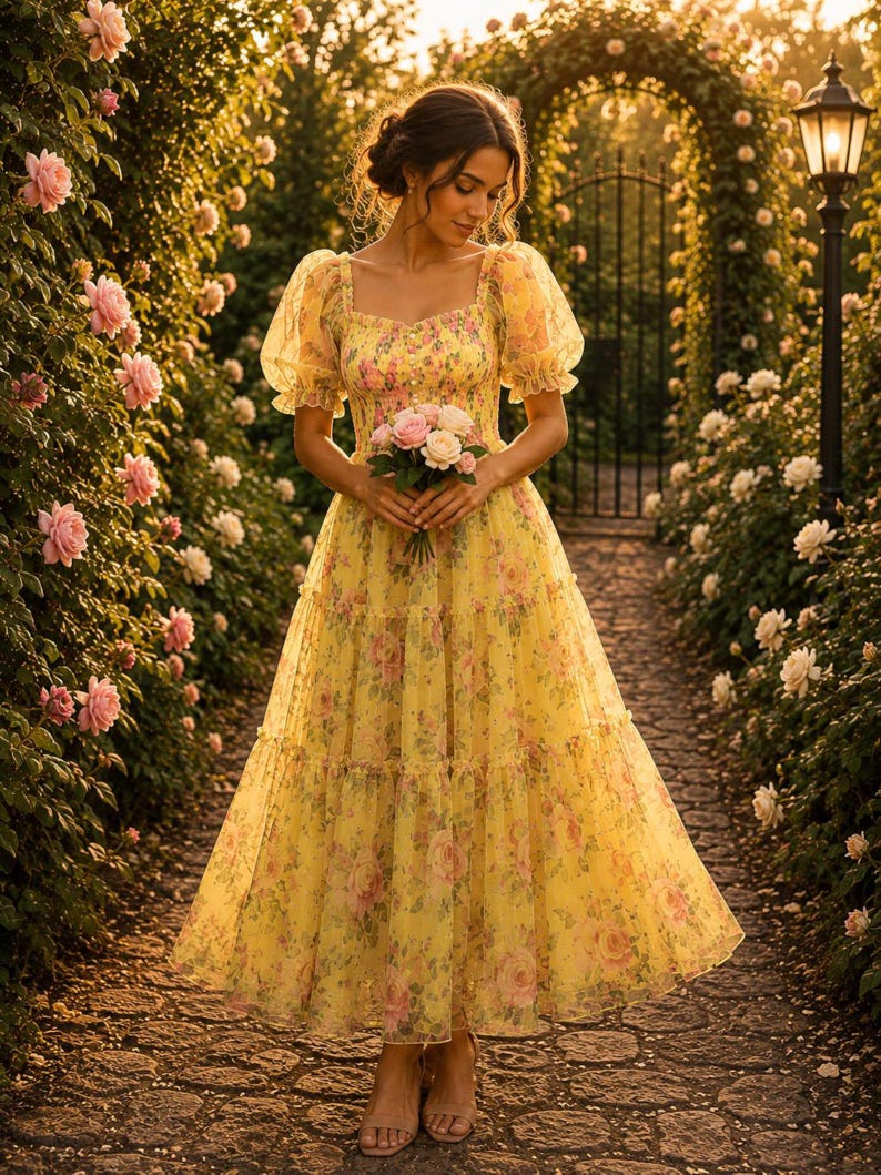 May include: A yellow midi dress featuring a square neckline, puffed sleeves, and a smocked bodice. The dress is made of a sheer, layered fabric with a pink and green floral print. It has a tiered skirt and is paired with simple beige sandals.