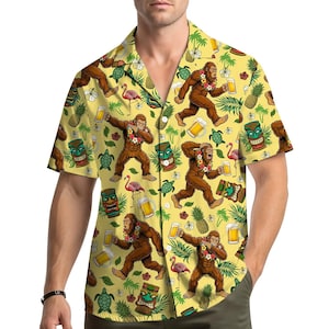 Camicia hawaiana Bigfoot Tiki Beer per uomo, donna e ragazzi, divertente camicia Aloha con Sasquatch, top estivo con bottoni, regalo per feste a base di birra