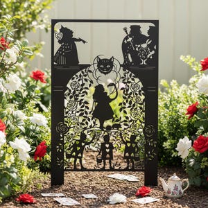 Whimsical Fantasy Garden Stake,Wonderland Metal Yard Art,Storybook Fairy Tale Decor,Cheshire Cat Silhouette Art,Rose Garden Fantasy Stake