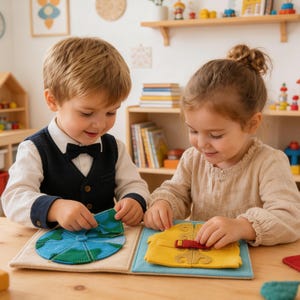 May include: Two children are playing with a felt activity book. The book features a blue and green globe puzzle and a yellow house with a red buckle. The children are smiling and focused on the activity.