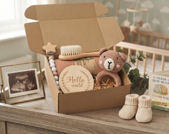 Personalized Newborn Gift Box, Custom Rattle, Baby Shower Keepsake, Crochet Animal Toy, Swaddle Blanket