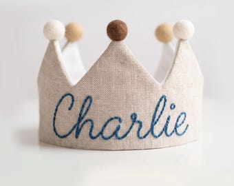 Hand Embroidered Linen Birthday Crown, Keepsake for First Birthday, Personalized Gift