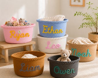 Personalized Baby Name Basket, Custom Woven Cotton Rope Basket, Nursery Storage Basket, Baby Shower Gift