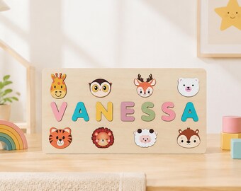 Personalized Wooden Name Puzzle, Handmade Name Puzzle with Animals, Christmas Gifts for Toddlers, First Birthday Gift, Wood Toy