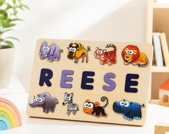 Personalized Wooden Name Puzzle with Cute Jungle Animals | Custom Safari Puzzle for Kids