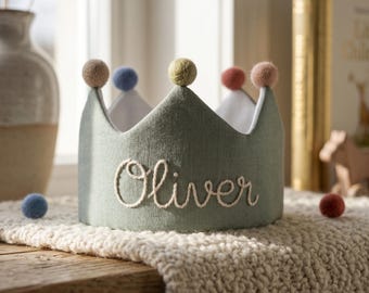 Hand Embroidered Linen Crown for Kids and Children's Birthdays, Personalized Gifts | Keepsake for First Birthday Party | Neutral Birthday