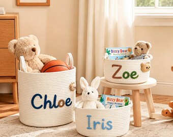 Personalized Rope Storage Basket, Custom Chunky Yarn Name Bin for Dog Toys or Nursery Essentials, Boho Cotton Organizer, Gift for Pet Lovers