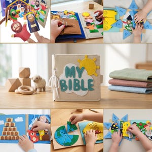 May include: A beige fabric book with the words "MY BIBLE" in blue and a yellow sun applique. The book is open to show colorful felt figures and scenes. Other images show felt finger puppets and interactive felt play sets.