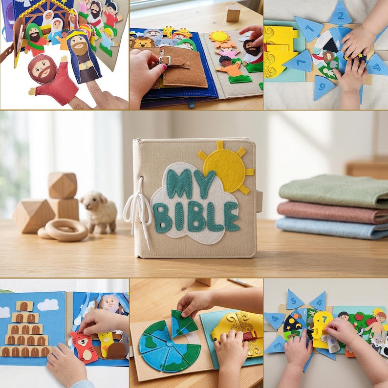 May include: A beige fabric book with the words "MY BIBLE" in blue and a yellow sun applique. The book is open to show colorful felt figures and scenes. Other images show felt finger puppets and interactive felt play sets.